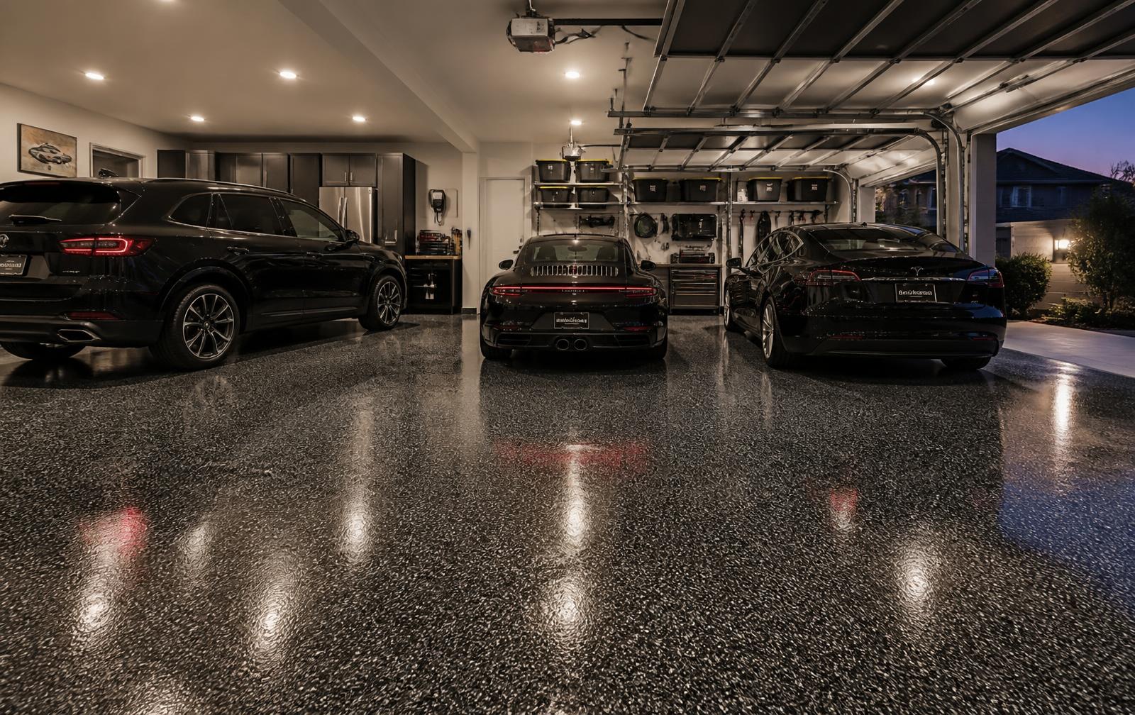 Glossy gray flake epoxy garage floor in an Apex NC three-car garage